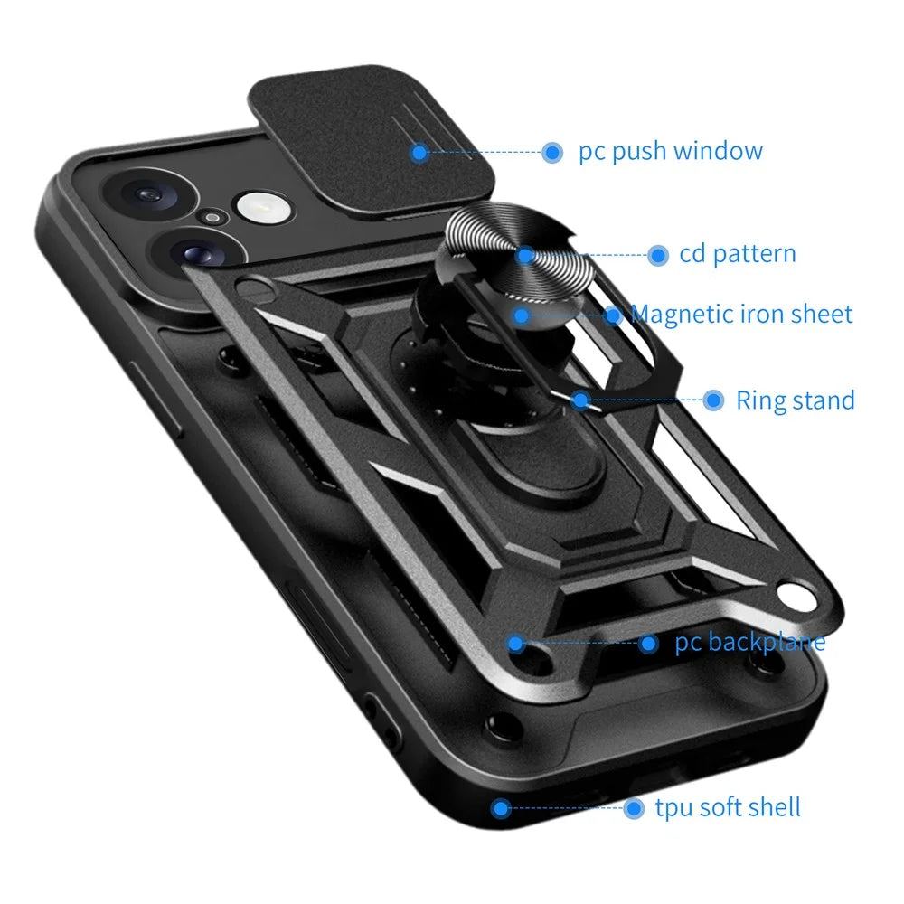 For iPhone 16 Case with Slide Camera Lid PC+TPU Kickstand Phone Cover - Black - 3