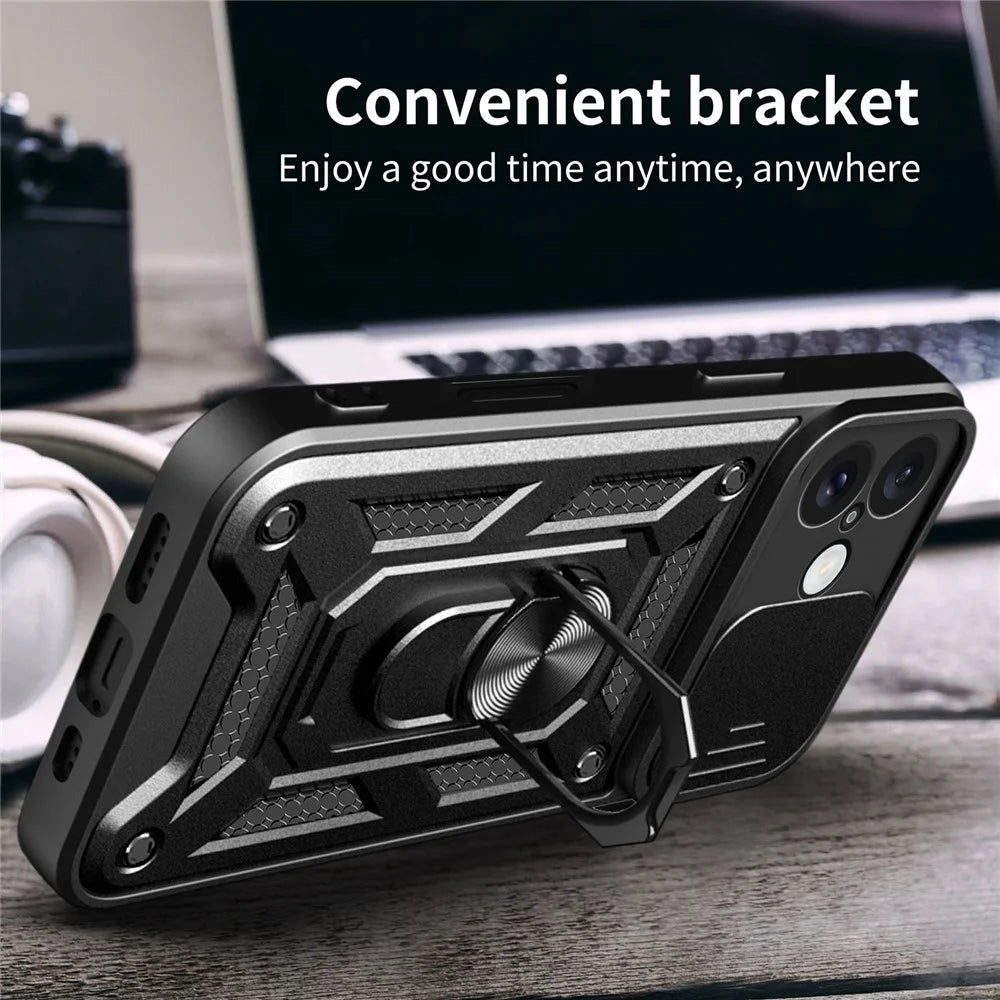 For iPhone 16 Case with Slide Camera Lid PC+TPU Kickstand Phone Cover - Black - 4