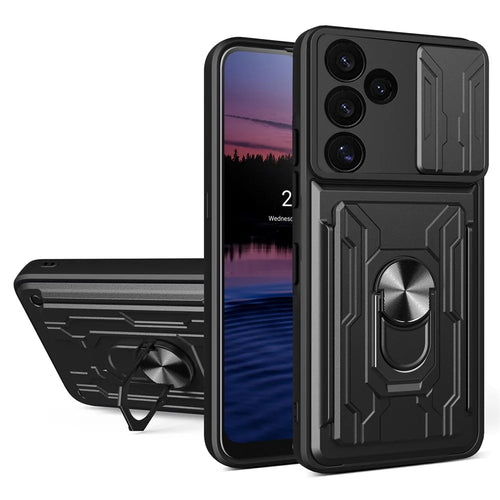 For Samsung Galaxy S24 FE Case PC+TPU Kickstand Phone Back Cover with Camera Slider - Black - 1