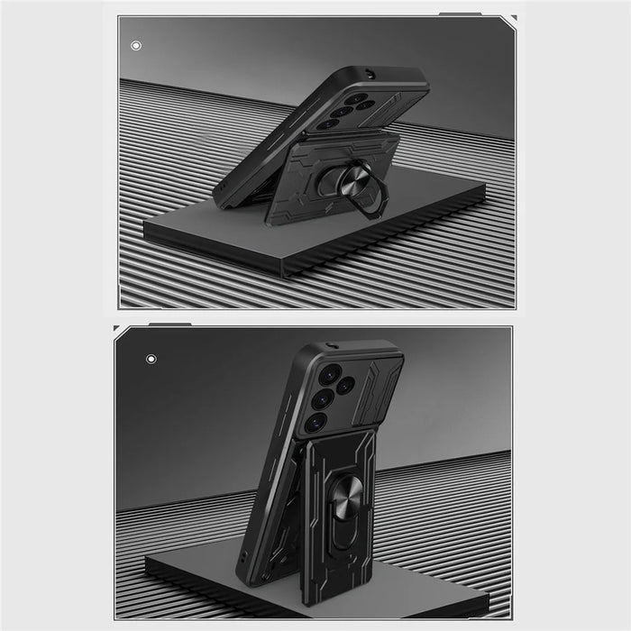 For Samsung Galaxy S24 FE Case PC+TPU Kickstand Phone Back Cover with Camera Slider - Black - 3