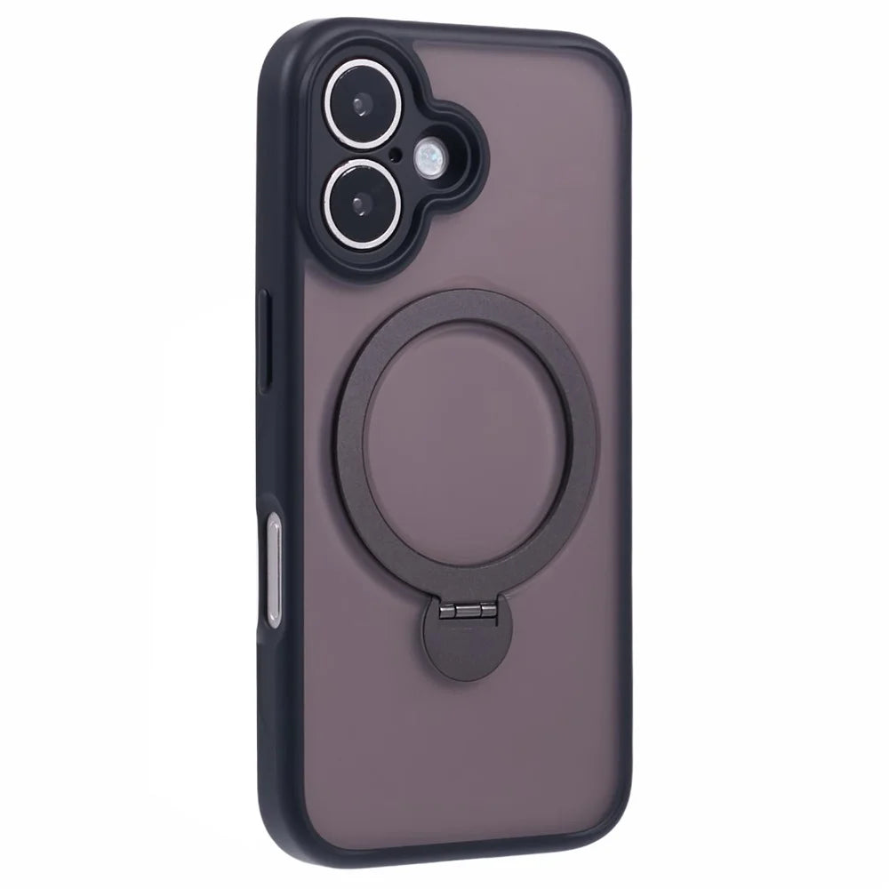 For iPhone 16 Case Compatible with MagSafe Matte TPU+PC Rotary Kickstand Phone Cover - Black - 1