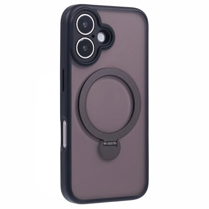 For iPhone 16 Case Compatible with MagSafe Matte TPU+PC Rotary Kickstand Phone Cover - Black - 1