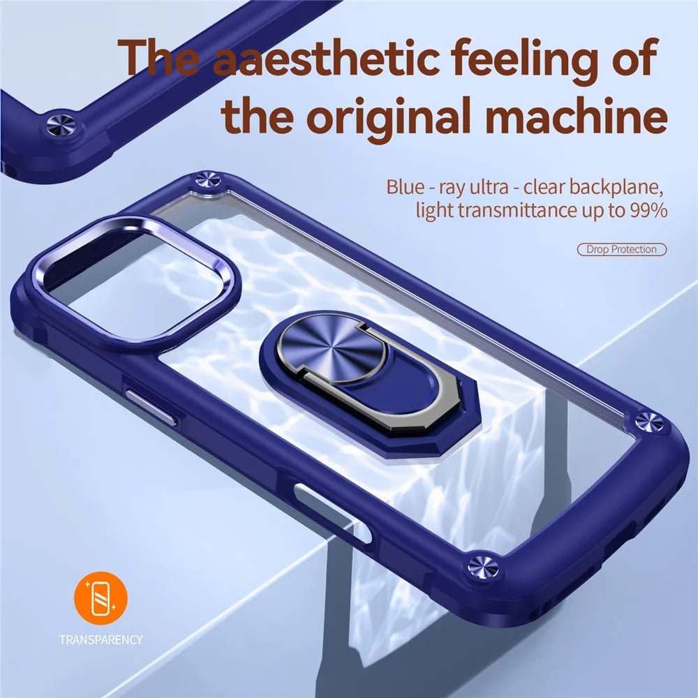 For iPhone 16 Pro Max Case Alloy Lens Frame PC + TPU Kickstand Phone Back Cover - Sapphire - 3