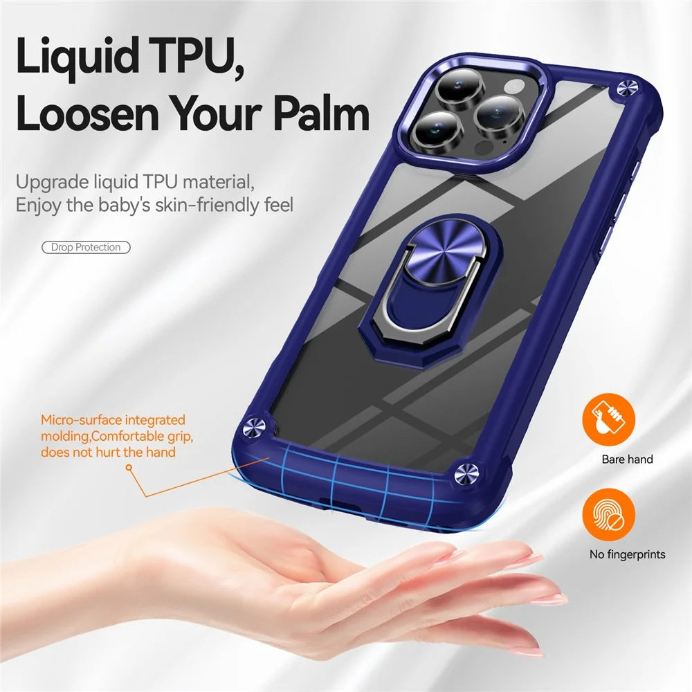 For iPhone 16 Pro Max Case Alloy Lens Frame PC + TPU Kickstand Phone Back Cover - Sapphire - 4