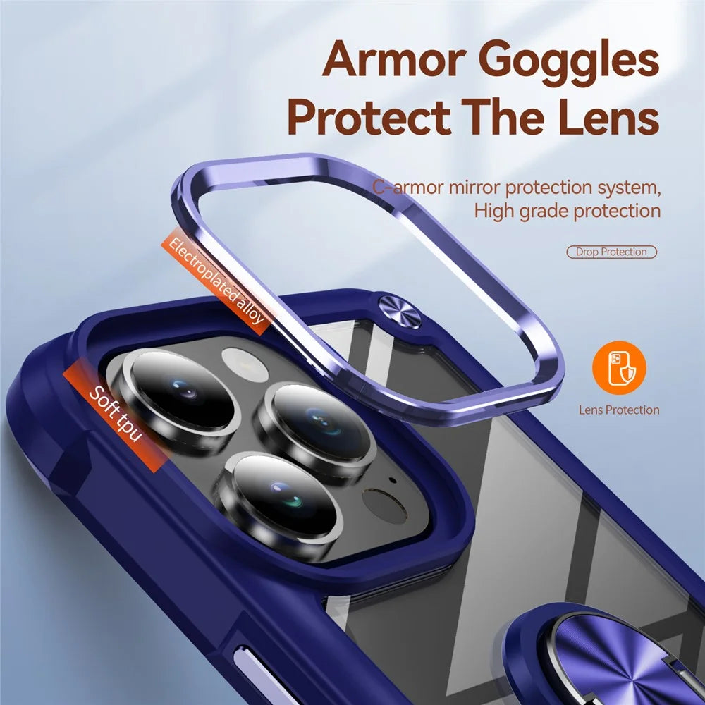 For iPhone 16 Pro Max Case Alloy Lens Frame PC + TPU Kickstand Phone Back Cover - Sapphire - 5