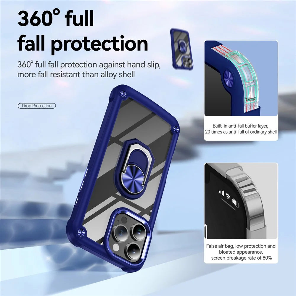 For iPhone 16 Pro Max Case Alloy Lens Frame PC + TPU Kickstand Phone Back Cover - Sapphire - 6