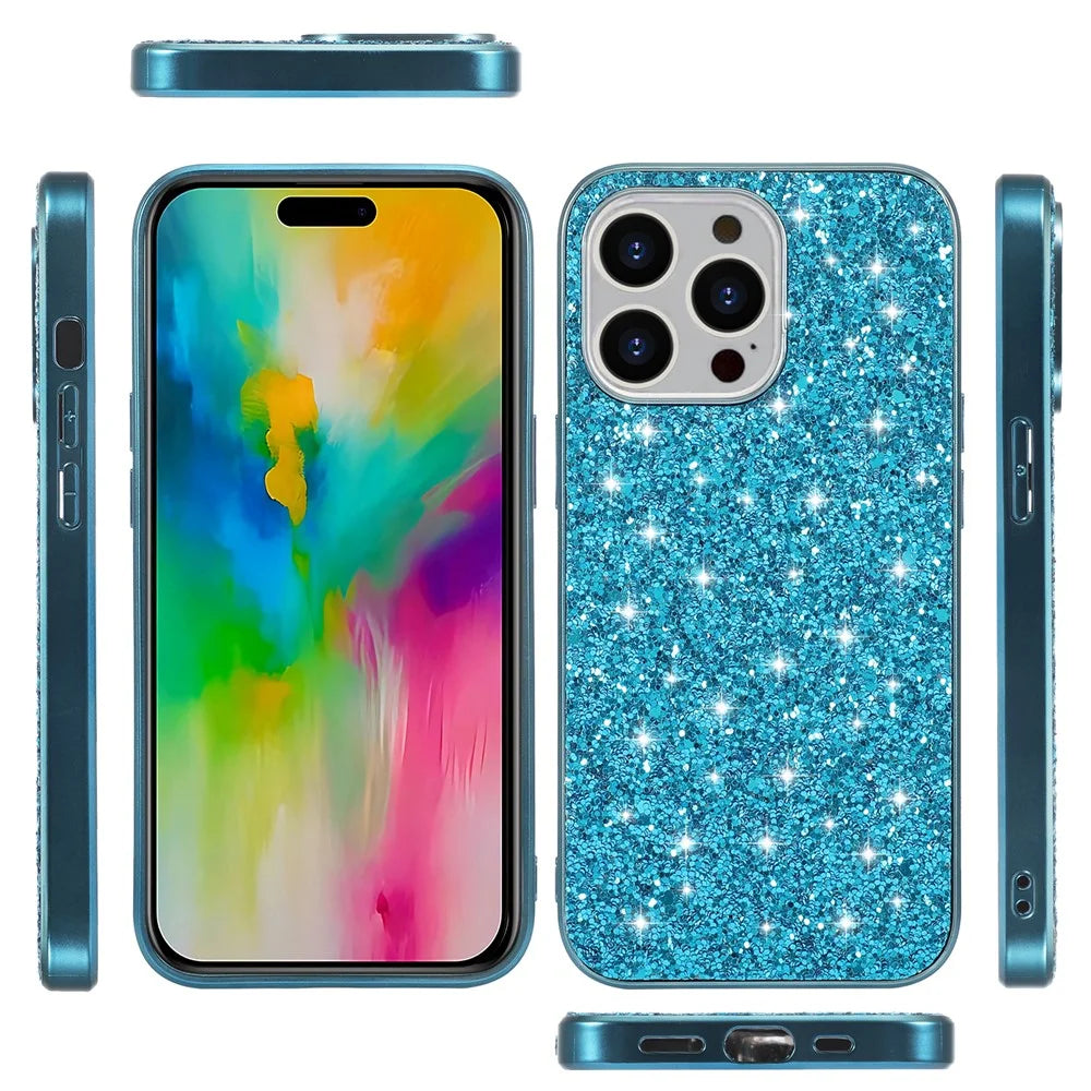 For iPhone 16 Pro Case TPU + PC Sparkling Glitter Phone Back Cover - Blue - 6