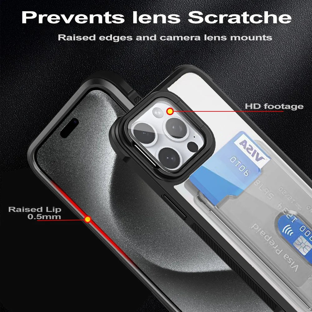 For iPhone 15 Pro Case Lens Frame Kickstand Acrylic+TPU+PC Card Holder Phone Cover - Black - 3