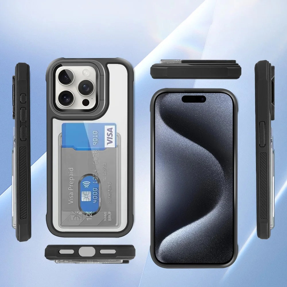 For iPhone 15 Pro Case Lens Frame Kickstand Acrylic+TPU+PC Card Holder Phone Cover - Black - 7
