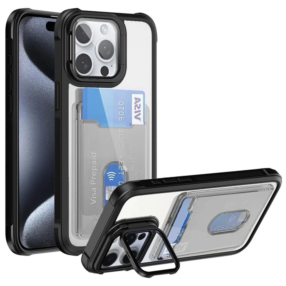 For iPhone 15 Pro Max Case Card Holder Acrylic+TPU+PC Phone Cover with Lens Frame Kickstand - Black - 1