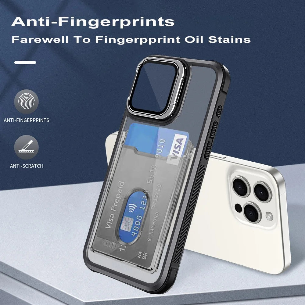 For iPhone 15 Pro Max Case Card Holder Acrylic+TPU+PC Phone Cover with Lens Frame Kickstand - Black - 2