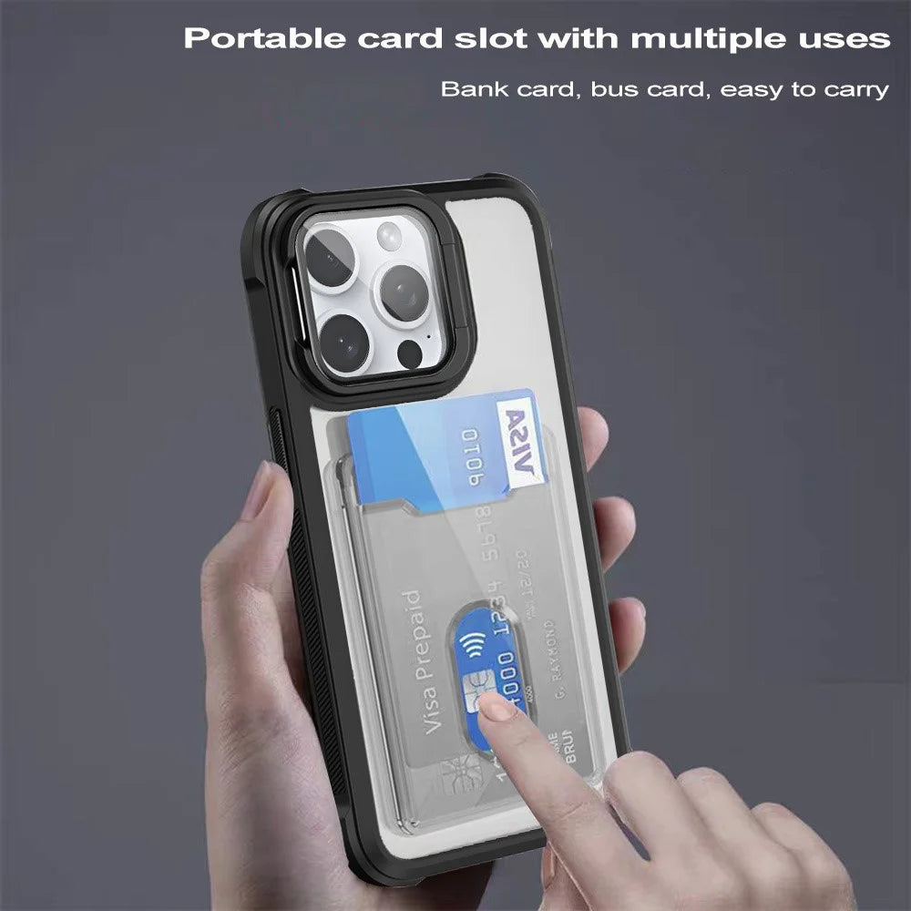 For iPhone 15 Pro Max Case Card Holder Acrylic+TPU+PC Phone Cover with Lens Frame Kickstand - Black - 5