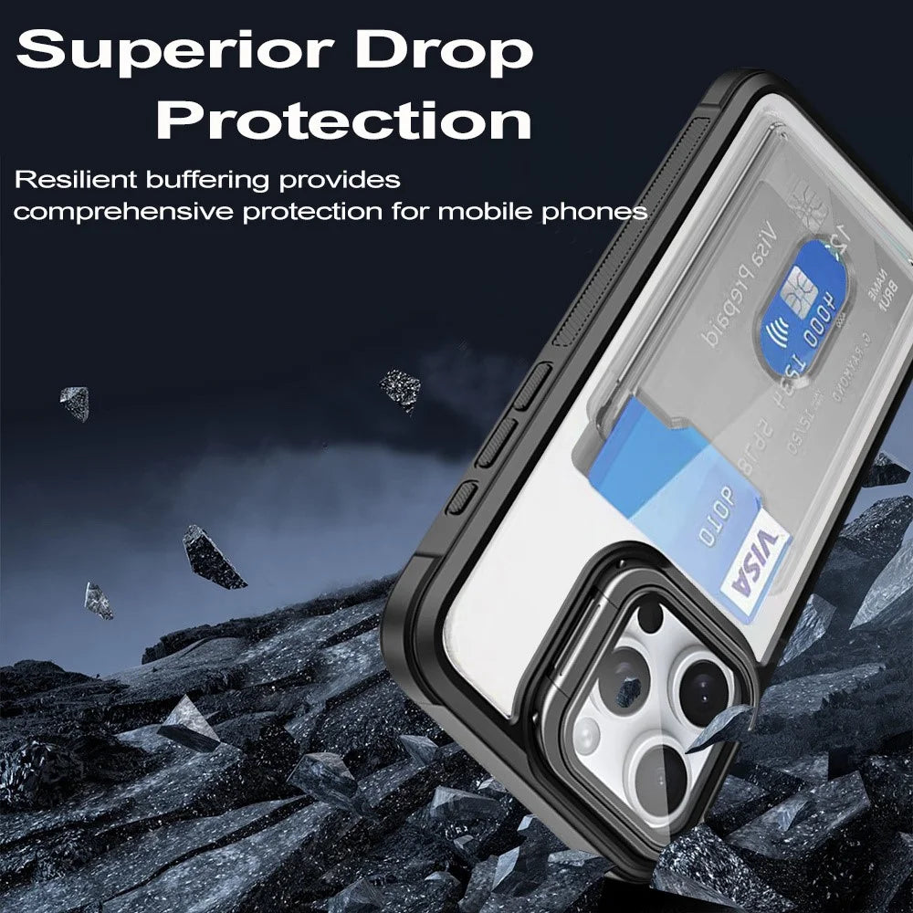 For iPhone 15 Pro Max Case Card Holder Acrylic+TPU+PC Phone Cover with Lens Frame Kickstand - Black - 6