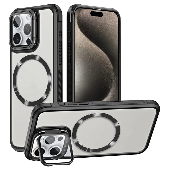 For iPhone 15 Pro Max Case Compatible with MagSafe Lens Frame Kickstand Acrylic+TPU Phone Cover - Black - 1