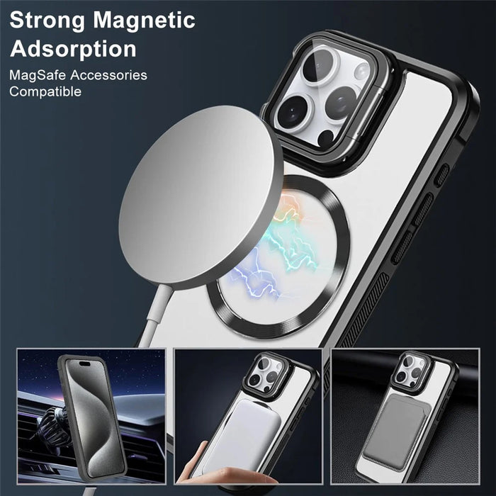 For iPhone 15 Pro Max Case Compatible with MagSafe Lens Frame Kickstand Acrylic+TPU Phone Cover - Black - 2