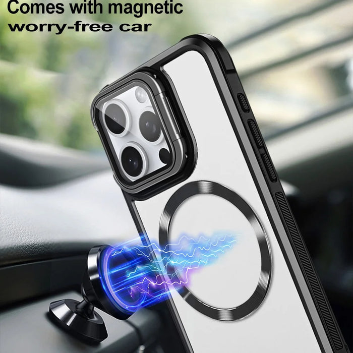 For iPhone 15 Pro Max Case Compatible with MagSafe Lens Frame Kickstand Acrylic+TPU Phone Cover - Black - 4