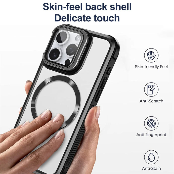 For iPhone 15 Pro Max Case Compatible with MagSafe Lens Frame Kickstand Acrylic+TPU Phone Cover - Black - 5
