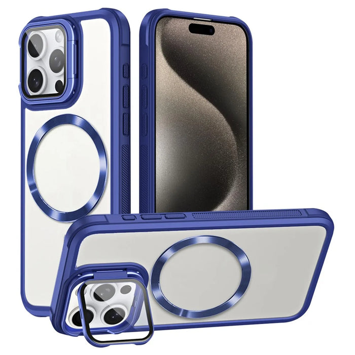 For iPhone 15 Pro Case Lens Frame Kickstand Acrylic+TPU Anti-Drop Phone Cover Compatible with MagSafe - Blue - 1