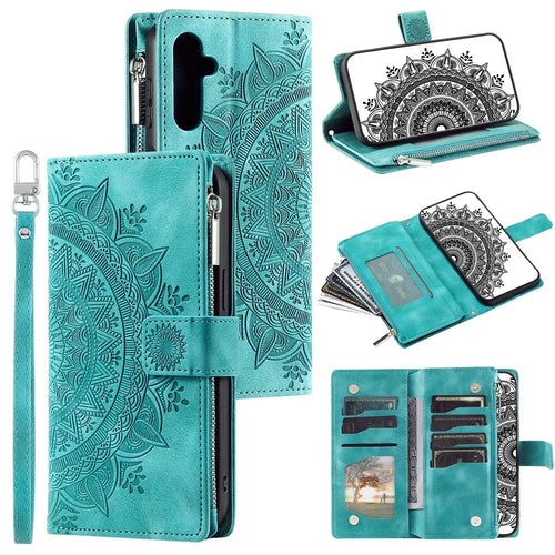 Style 006 For Samsung Galaxy A16 5G / A16 4G Wallet Case PU Leather Phone Cover Mandala Flower Pattern - Green - 1