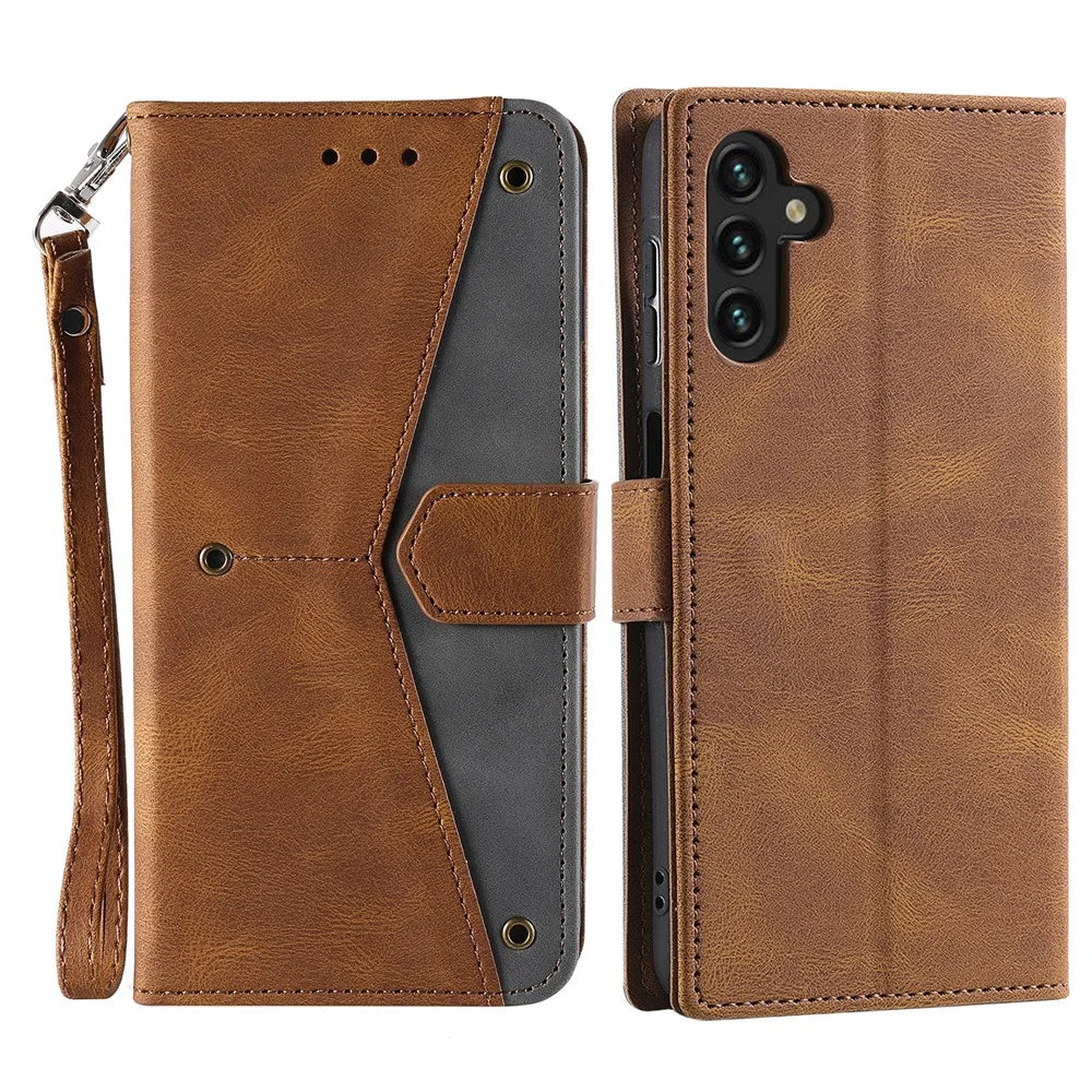 For Samsung Galaxy A16 5G / A16 4G Leather Case Splicing Stitching Wallet Stand Phone Cover with Strap - Brown - 1