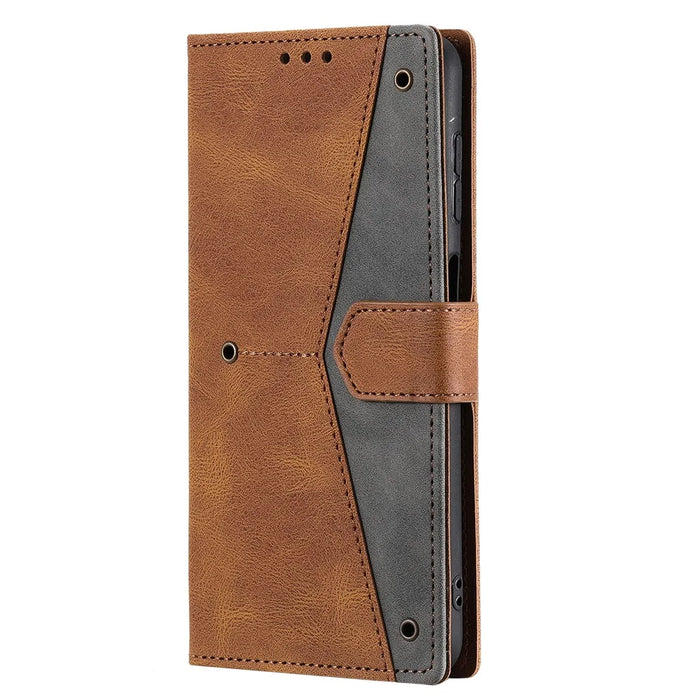 For Samsung Galaxy A16 5G / A16 4G Leather Case Splicing Stitching Wallet Stand Phone Cover with Strap - Brown - 6