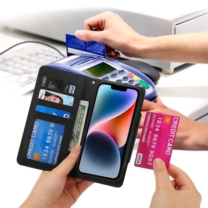 For iPhone 14 Ultra-thin Detachable Drop-proof Magnetic Clasp Leather Wallet Phone Case Shell - Black - 6