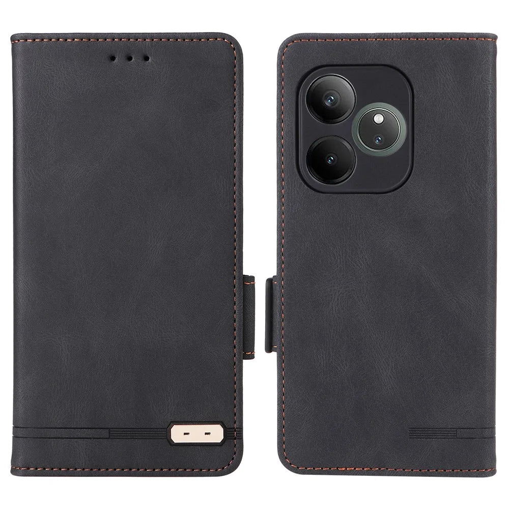 For Realme GT 6 5G / GT 6T 5G / GT Neo6 5G / GT Neo6 SE 5G Case Leather Wallet Hardware Decor Phone Cover - Black - 1