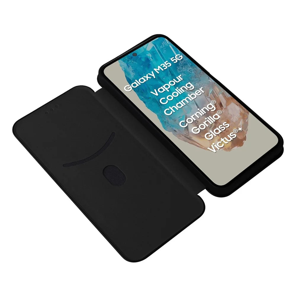 For Samsung Galaxy M35 5G Case Card Holder Carbon Fiber Texture Leather Cell Phone Cover - Black - 2
