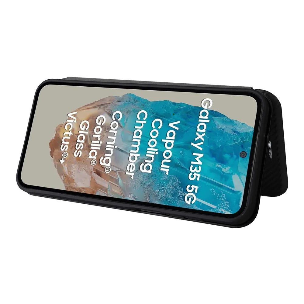 For Samsung Galaxy M35 5G Case Card Holder Carbon Fiber Texture Leather Cell Phone Cover - Black - 3