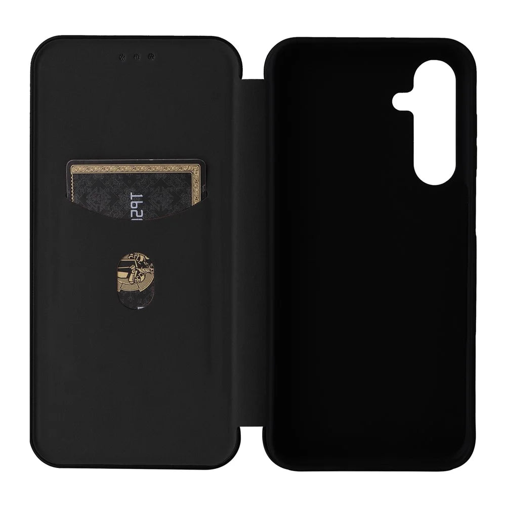 For Samsung Galaxy M35 5G Case Card Holder Carbon Fiber Texture Leather Cell Phone Cover - Black - 5