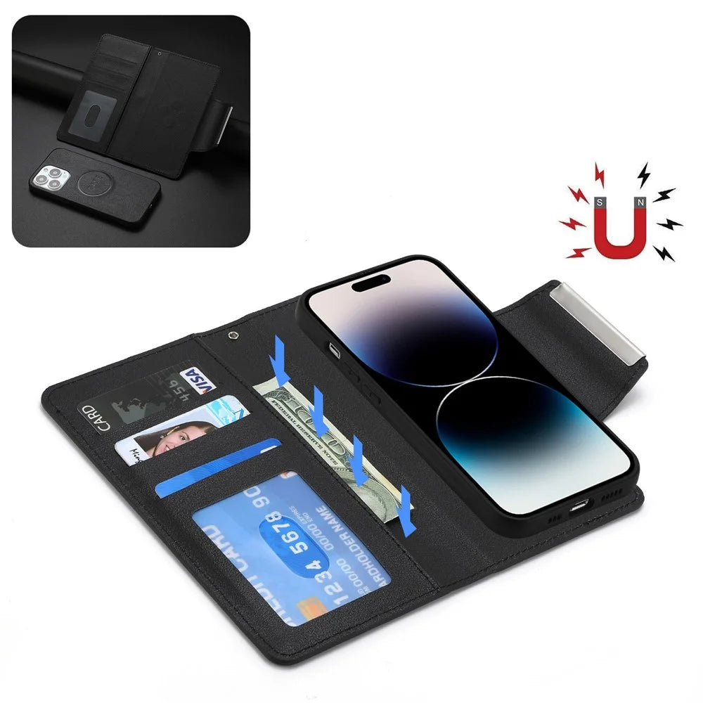 For iPhone 14 Pro Ultra-thin Detachable Leather Wallet Phone Case Shockproof Magnetic Clasp Cellphone Shell - Black - 2