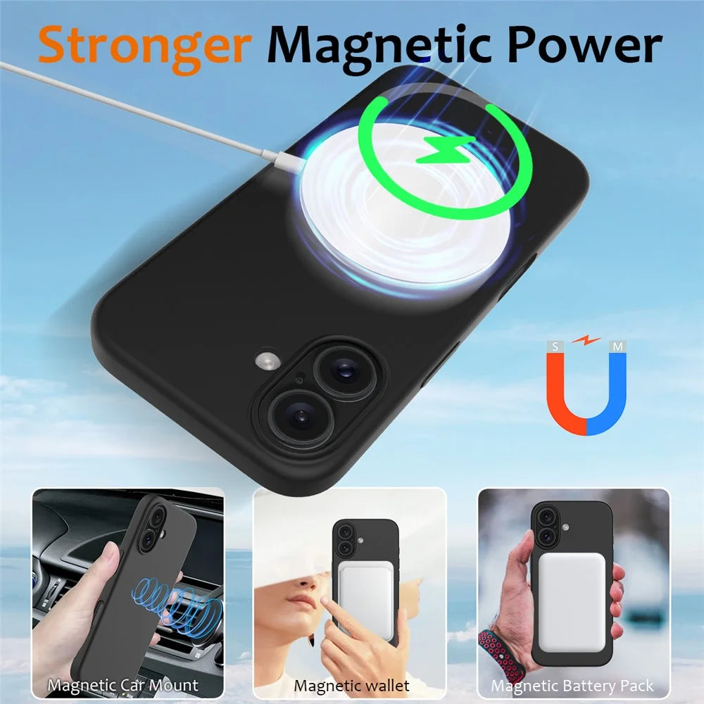 For iPhone 16 Case Compatible with MagSafe Anti-Drop Liquid Silicone Phone Cover - Black - 3