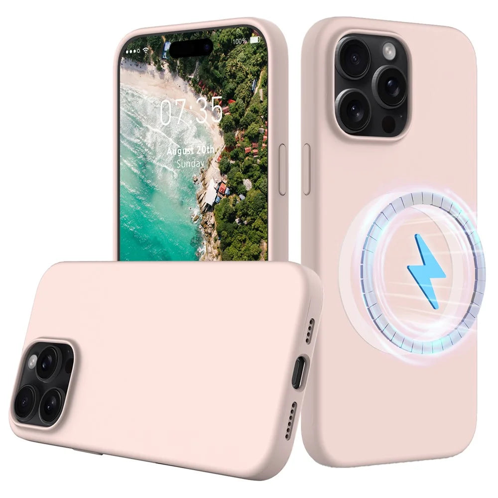 For iPhone 16 Pro Max Magnetic Case Protective Liquid Silicone Phone Cover - Pink - 1