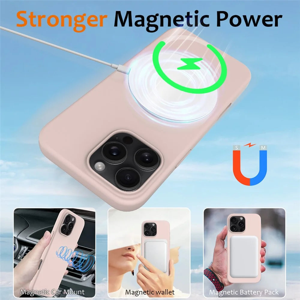 For iPhone 16 Pro Max Magnetic Case Protective Liquid Silicone Phone Cover - Pink - 3