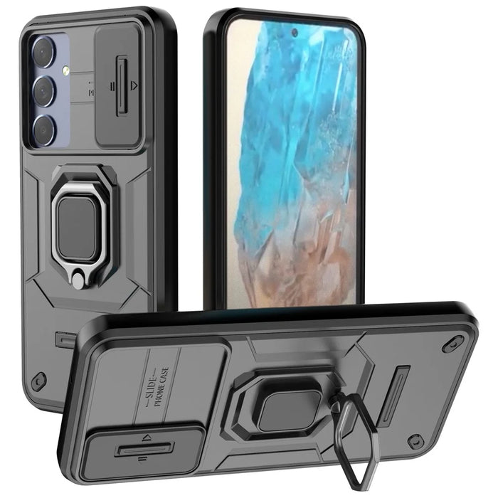 For Samsung Galaxy M35 5G Case PC+TPU Kickstand Phone Protector with Lens Cover - Black - 1