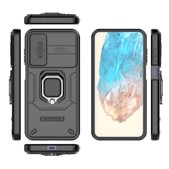 For Samsung Galaxy M35 5G Case PC+TPU Kickstand Phone Protector with Lens Cover - Black - 5