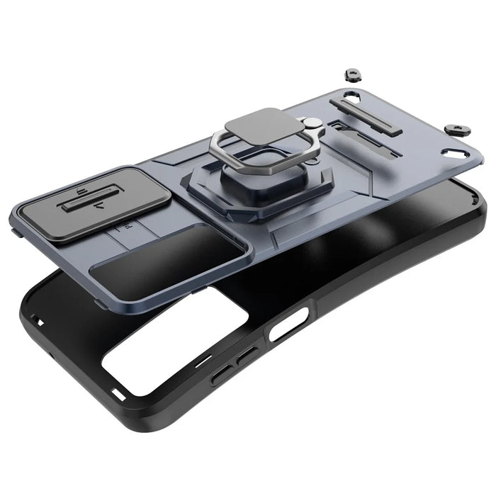 For Samsung Galaxy M35 5G Case PC+TPU Kickstand Phone Protector with Lens Cover - Black - 6