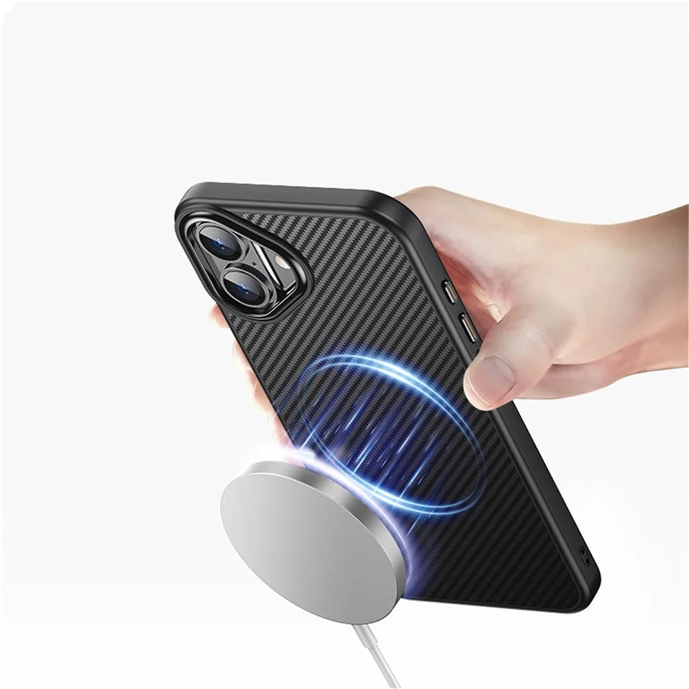 For iPhone 16 Magnetic Case Compatible with MagSafe Carbon Fiber Texture PC + TPU Cover - 4