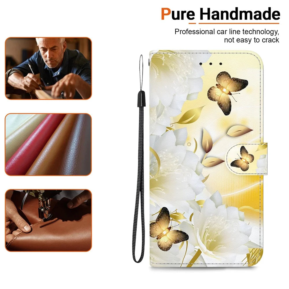 For Samsung Galaxy A06 4G Wallet Phone Case Anti-Drop Leather Flip Cover Pattern Printing - Gold Butterfly Flower - 6