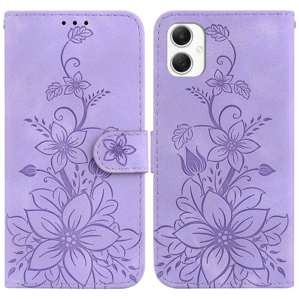 For Samsung Galaxy A06 4G Case Lily Flower Imprint Leather Phone Cover with Stand - Purple - 1