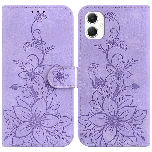 For Samsung Galaxy A06 4G Case Lily Flower Imprint Leather Phone Cover with Stand - Purple - 1