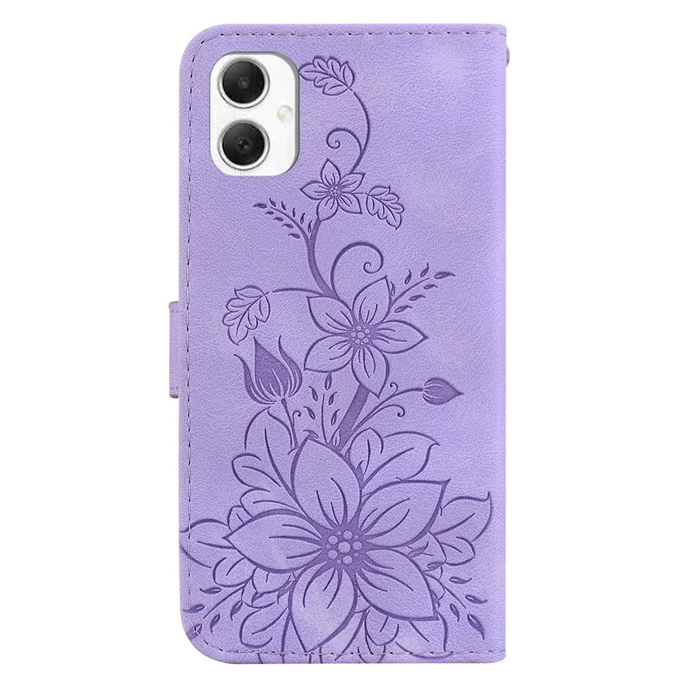 For Samsung Galaxy A06 4G Case Lily Flower Imprint Leather Phone Cover with Stand - Purple - 7