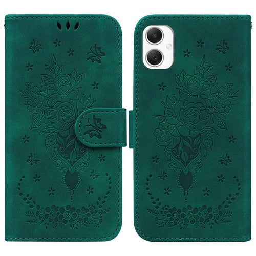 For Samsung Galaxy A06 4G Case PU Leather Wallet Phone Cover Butterfly Flower Imprint - Green - 1
