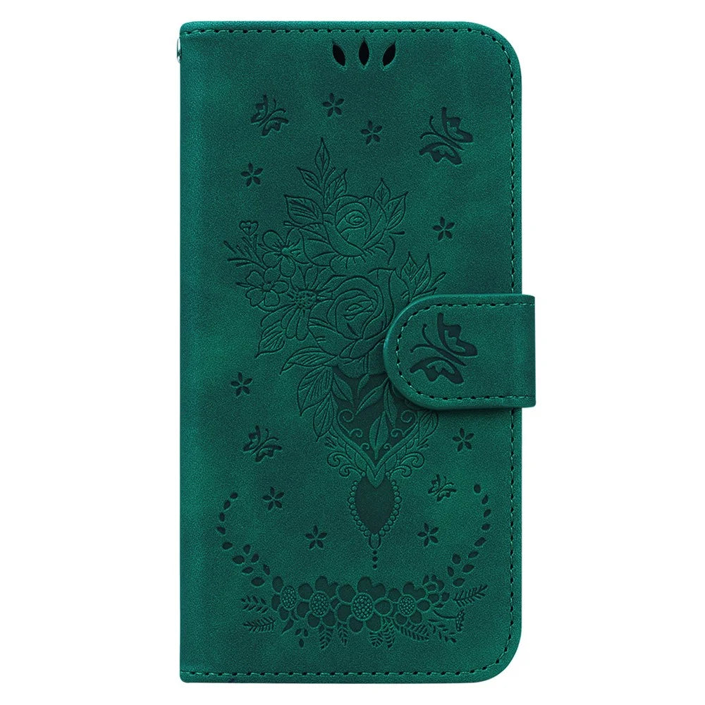 For Samsung Galaxy A06 4G Case PU Leather Wallet Phone Cover Butterfly Flower Imprint - Green - 6