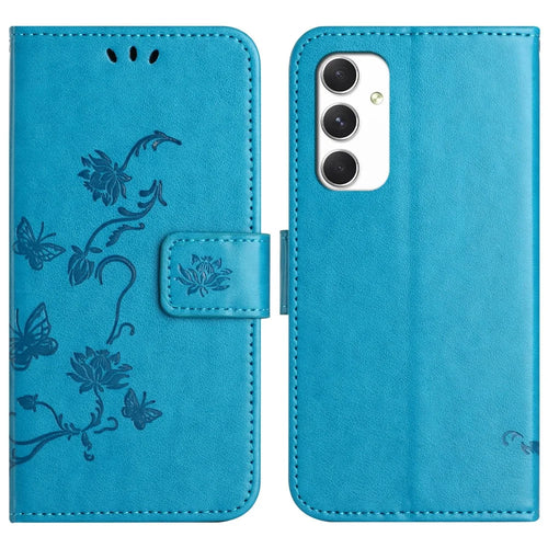 For Samsung Galaxy A16 5G / A16 4G Case Wallet Stand Imprinted Butterfly Flower PU Leather Phone Cover - Blue - 1