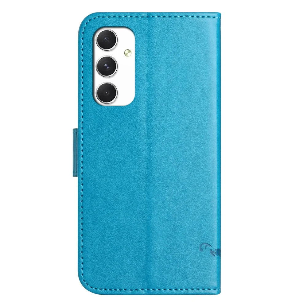 For Samsung Galaxy A16 5G / A16 4G Case Wallet Stand Imprinted Butterfly Flower PU Leather Phone Cover - Blue - 5