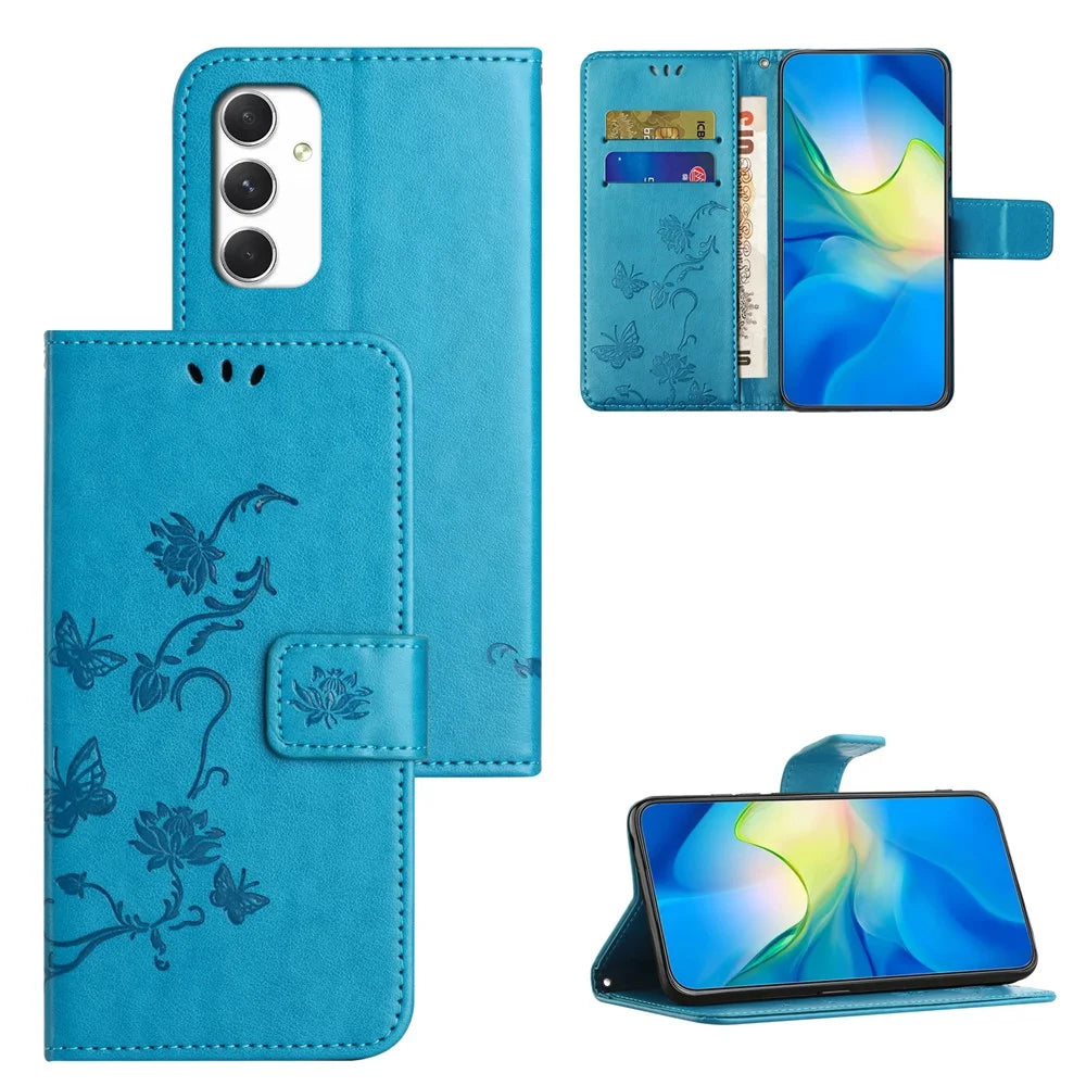 For Samsung Galaxy A16 5G / A16 4G Case Wallet Stand Imprinted Butterfly Flower PU Leather Phone Cover - Blue - 6