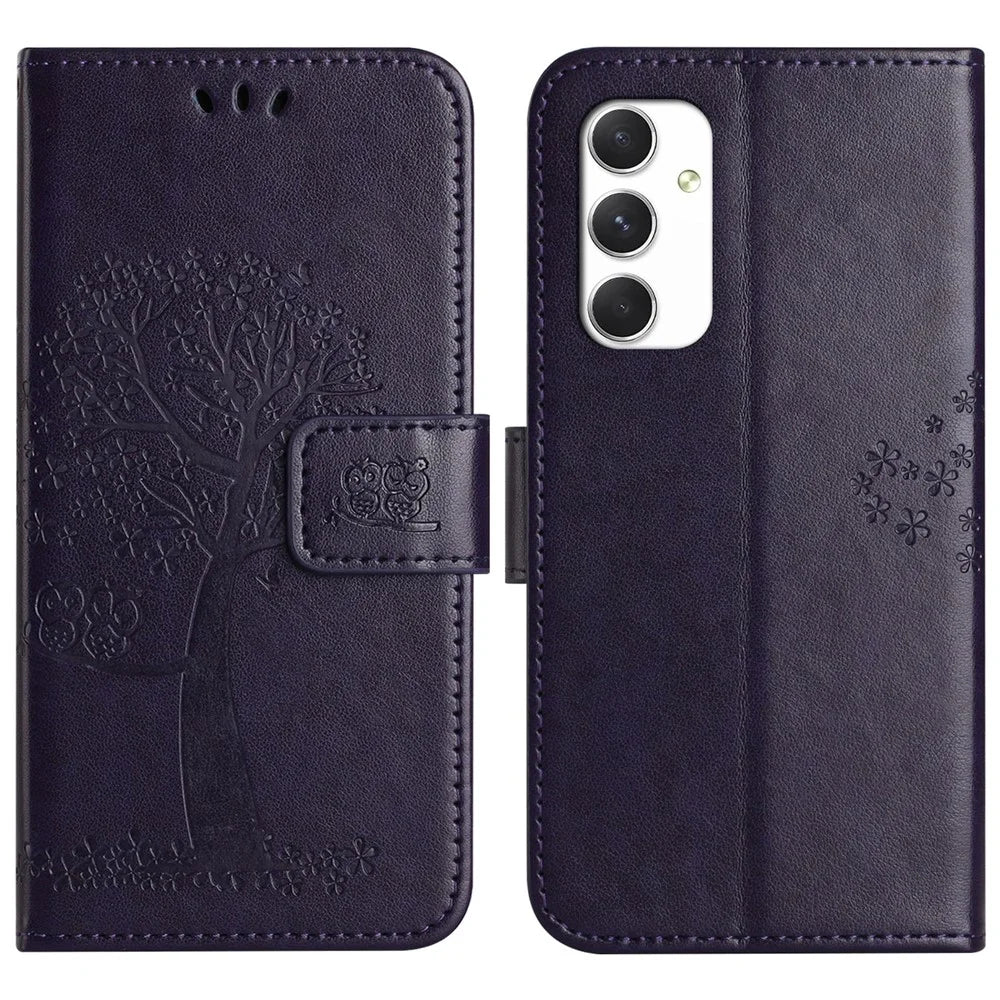 For Samsung Galaxy A16 5G / A16 4G Case PU Leather Owl Tree Imprinted Wallet Phone Cover - Dark Purple - 1