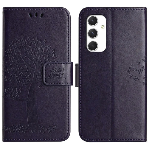 For Samsung Galaxy A16 5G / A16 4G Case PU Leather Owl Tree Imprinted Wallet Phone Cover - Dark Purple - 1