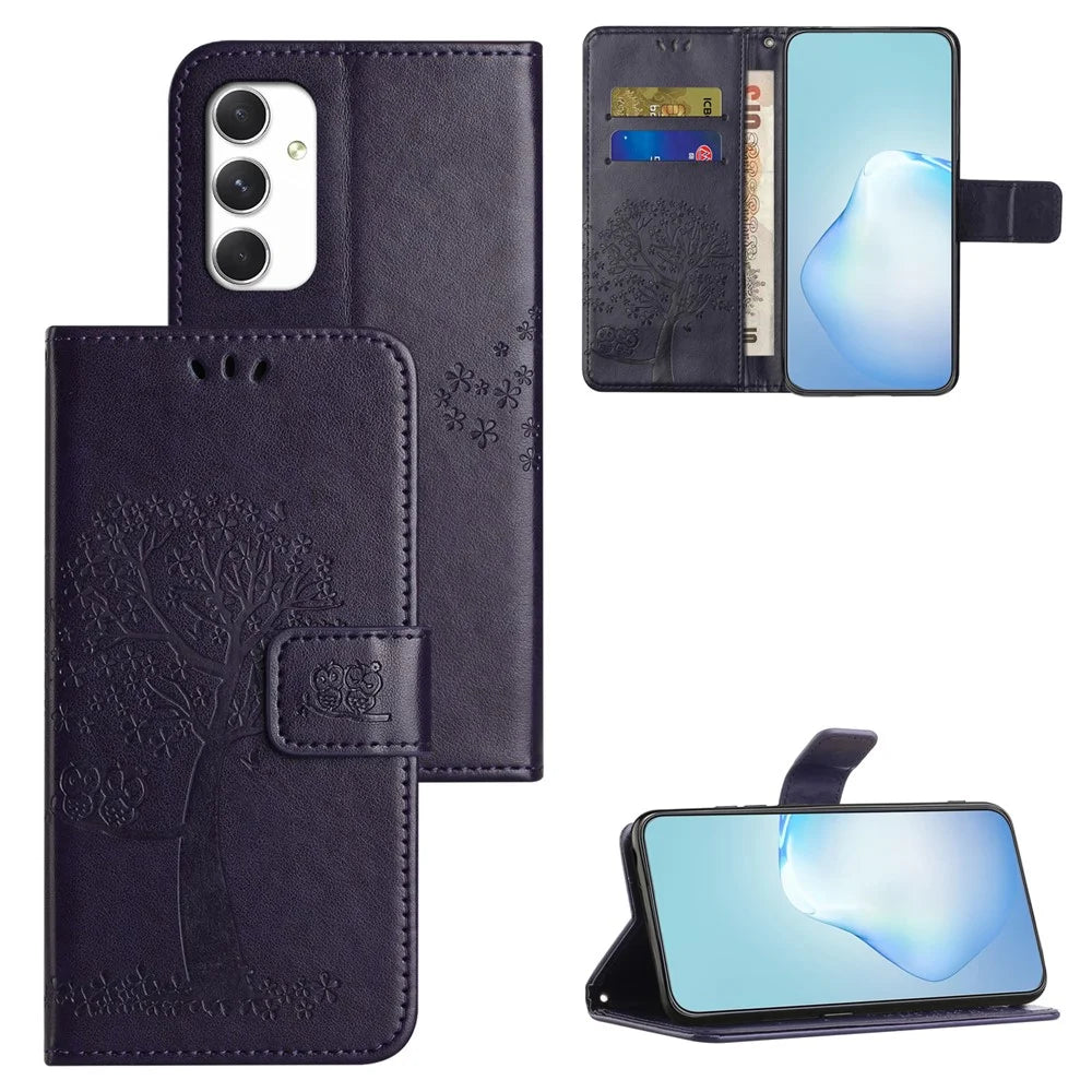 For Samsung Galaxy A16 5G / A16 4G Case PU Leather Owl Tree Imprinted Wallet Phone Cover - Dark Purple - 6